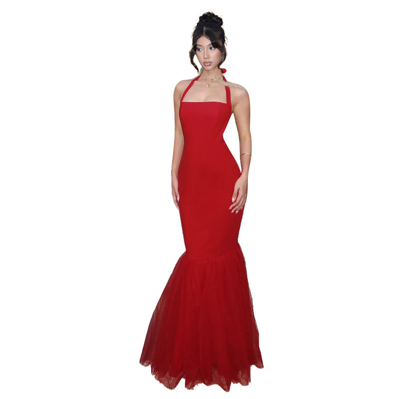 Mermaid Maxi Dress with Halter Neck and Backless Detail