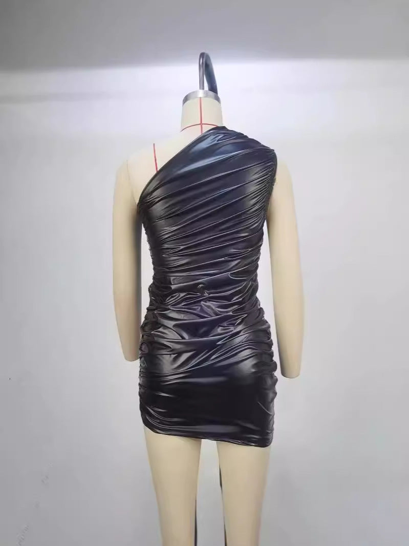 One-Shoulder Bodycon Mini Dress in Ruched PU Leather