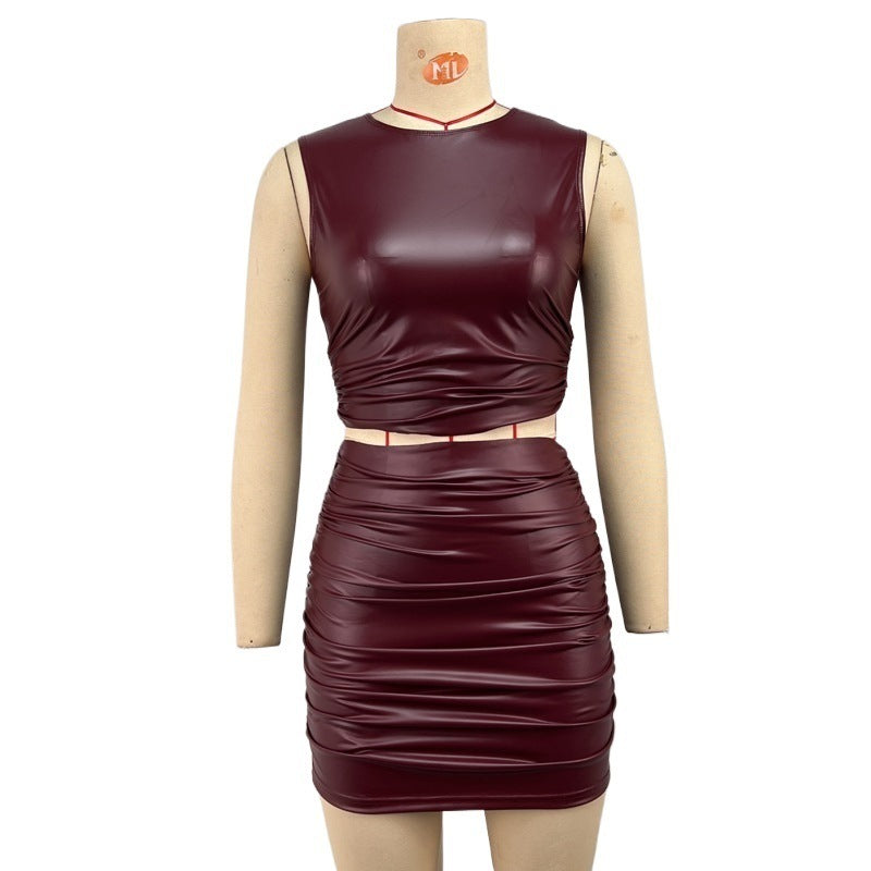 Ruched PU Leather Two-Piece Skirt Set with Sleeveless Top
