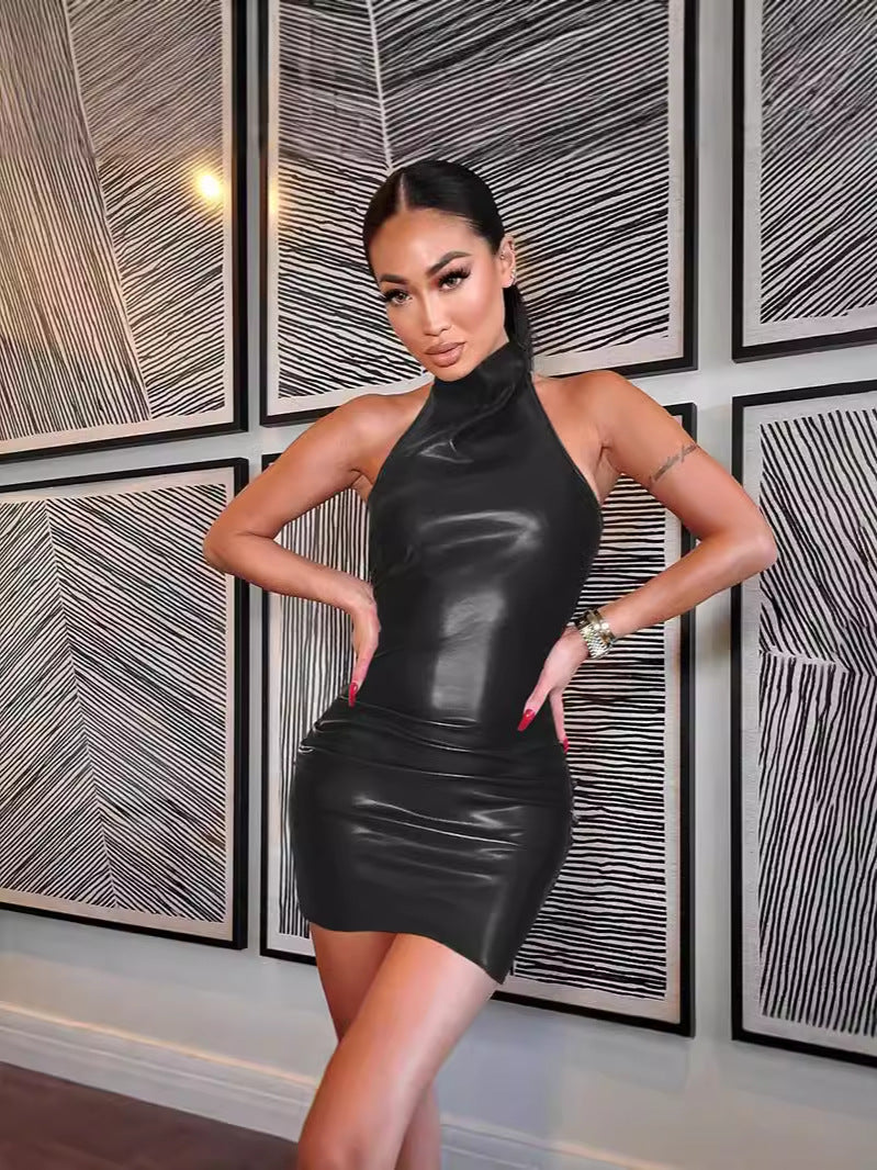 Halter Neck PU Leather Bodycon Dress with Ruched Detail