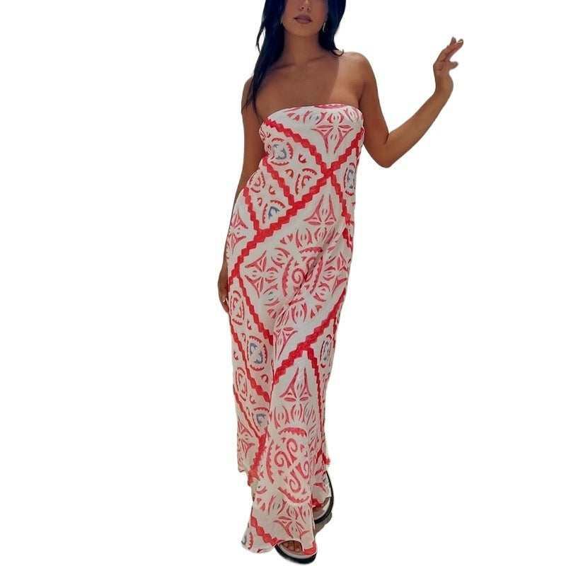 Geometric Print Strapless Maxi Dress with Backless Detail