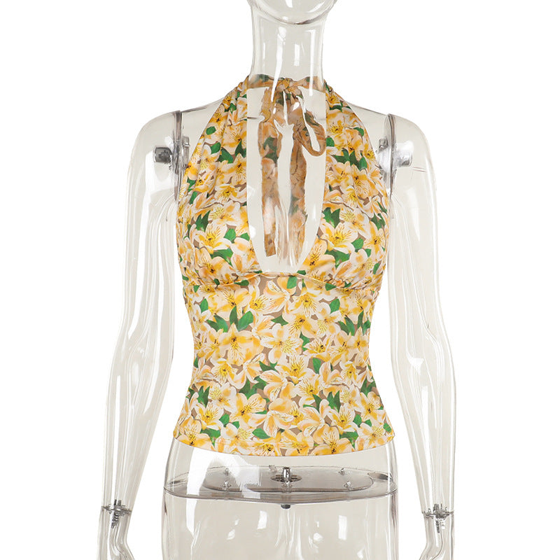 Floral Print Halter Top with Deep V-Neck and Slim Fit