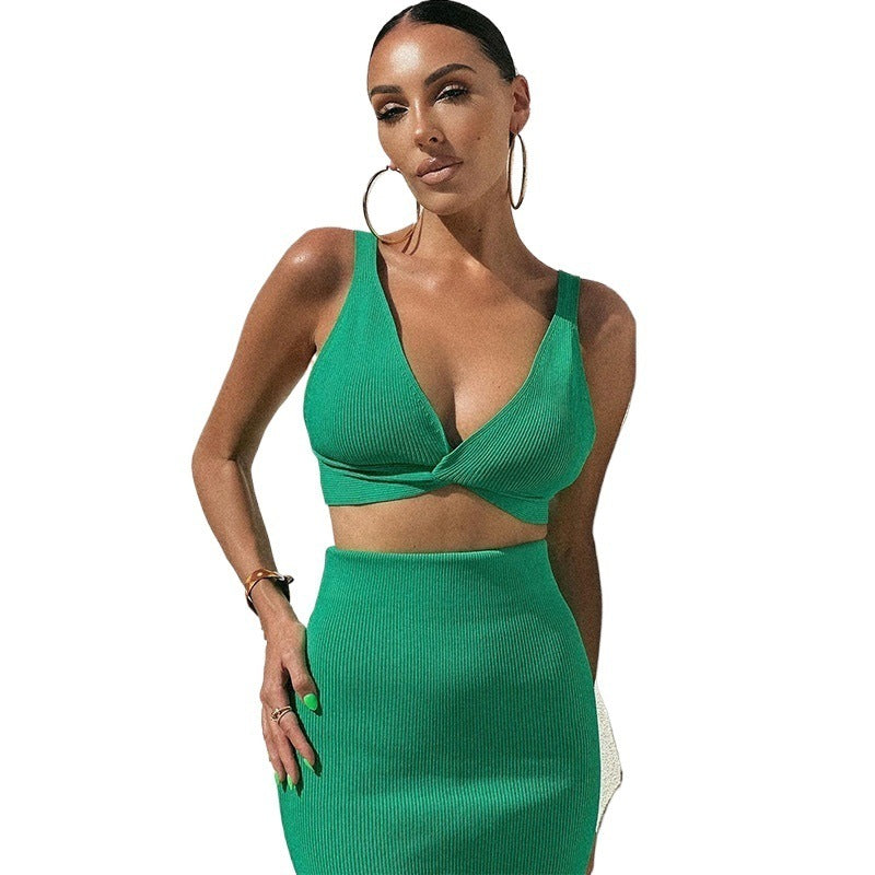 Ribbed Knit Bodycon Midi Skirt Set with V-Neck Crop Top