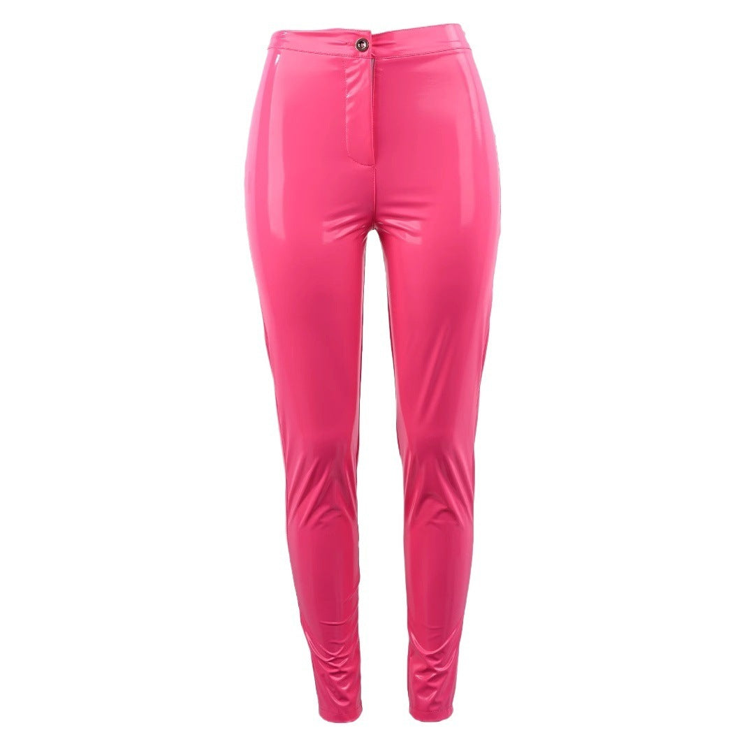 Mid-Rise Skinny Pencil Pants in Rose Red Faux Leather