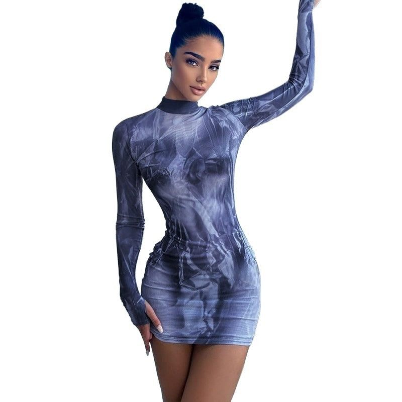 Abstract Print Bodycon Mini Dress with High Neck and Long Sleeves