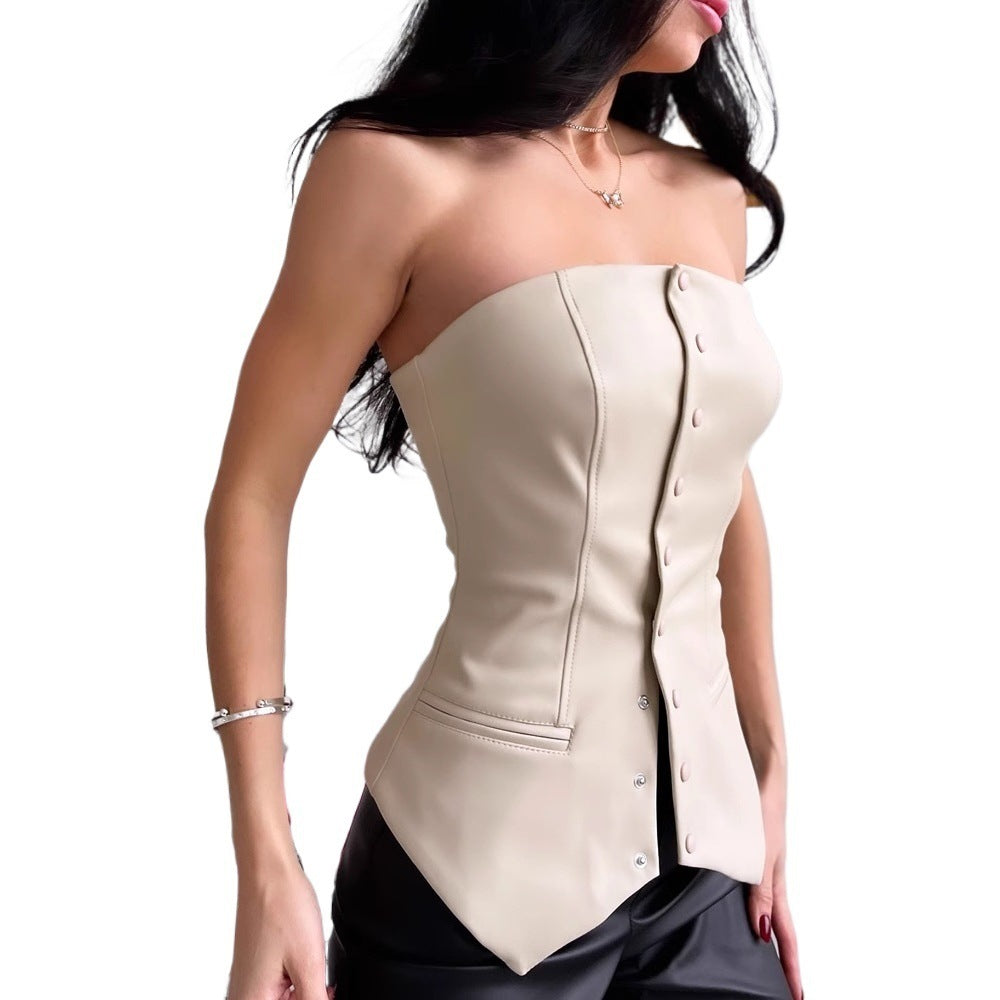 Slim Fit Strapless PU Leather Top with Button Detail