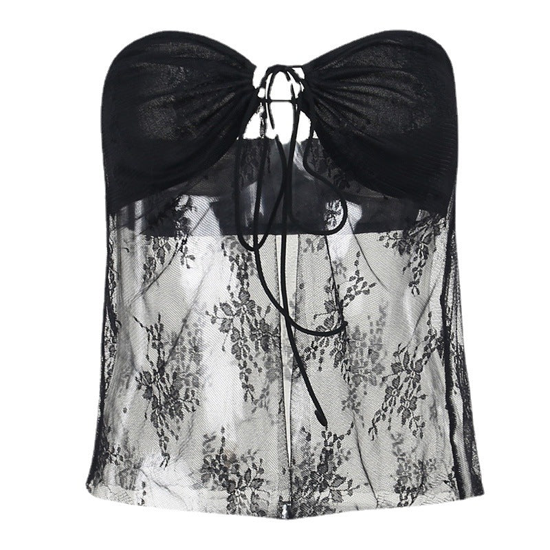Sheer Floral Lace Tube Top with Tie-Front Detail