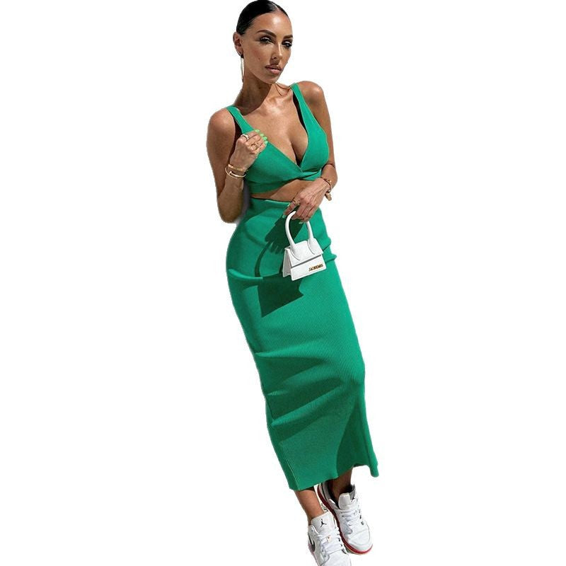 Deep V Midi Dress With High Waist Solid Green