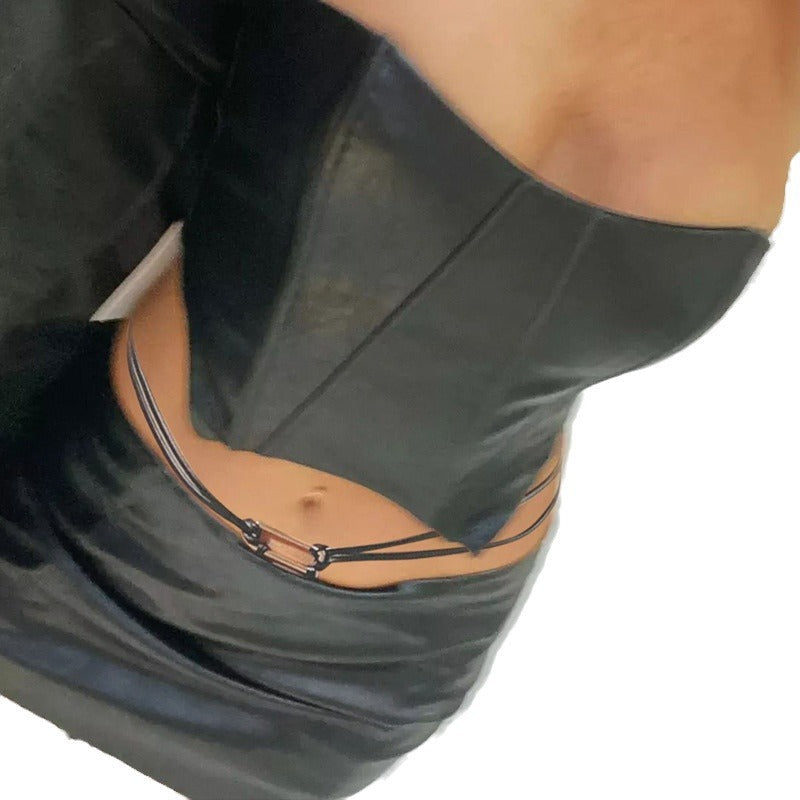 Black Lace Tube Top Leather Stitching Skirt Set Slim Fit