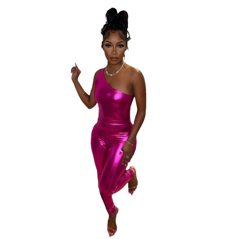 Metallic One-Shoulder Two-Piece Set with High-Waist Leggings