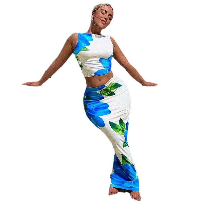 Floral Print Bodycon Maxi Skirt Set with Sleeveless Crop Top