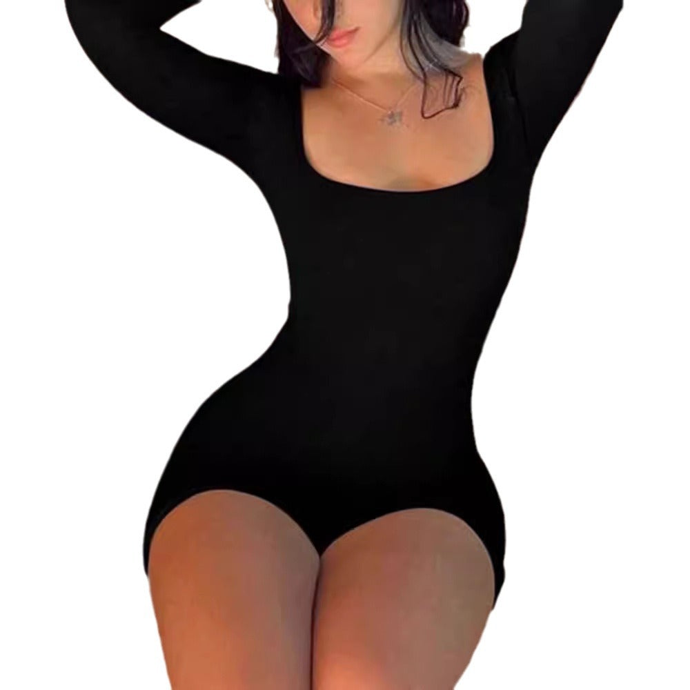 Bodycon Long-Sleeve Bodysuit with U-Neck and Backless Detail