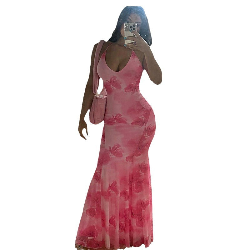 Rose Print Fishtail Maxi Dress with Backless Halter Neck