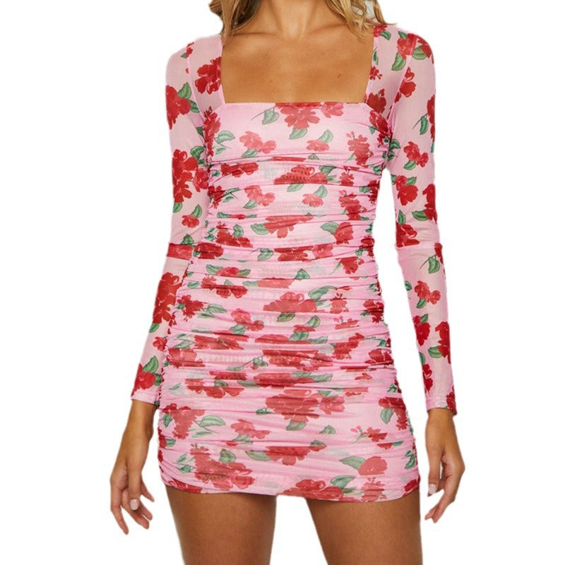Floral Print Ruched Mini Dress with Square Neck and Long Sleeves