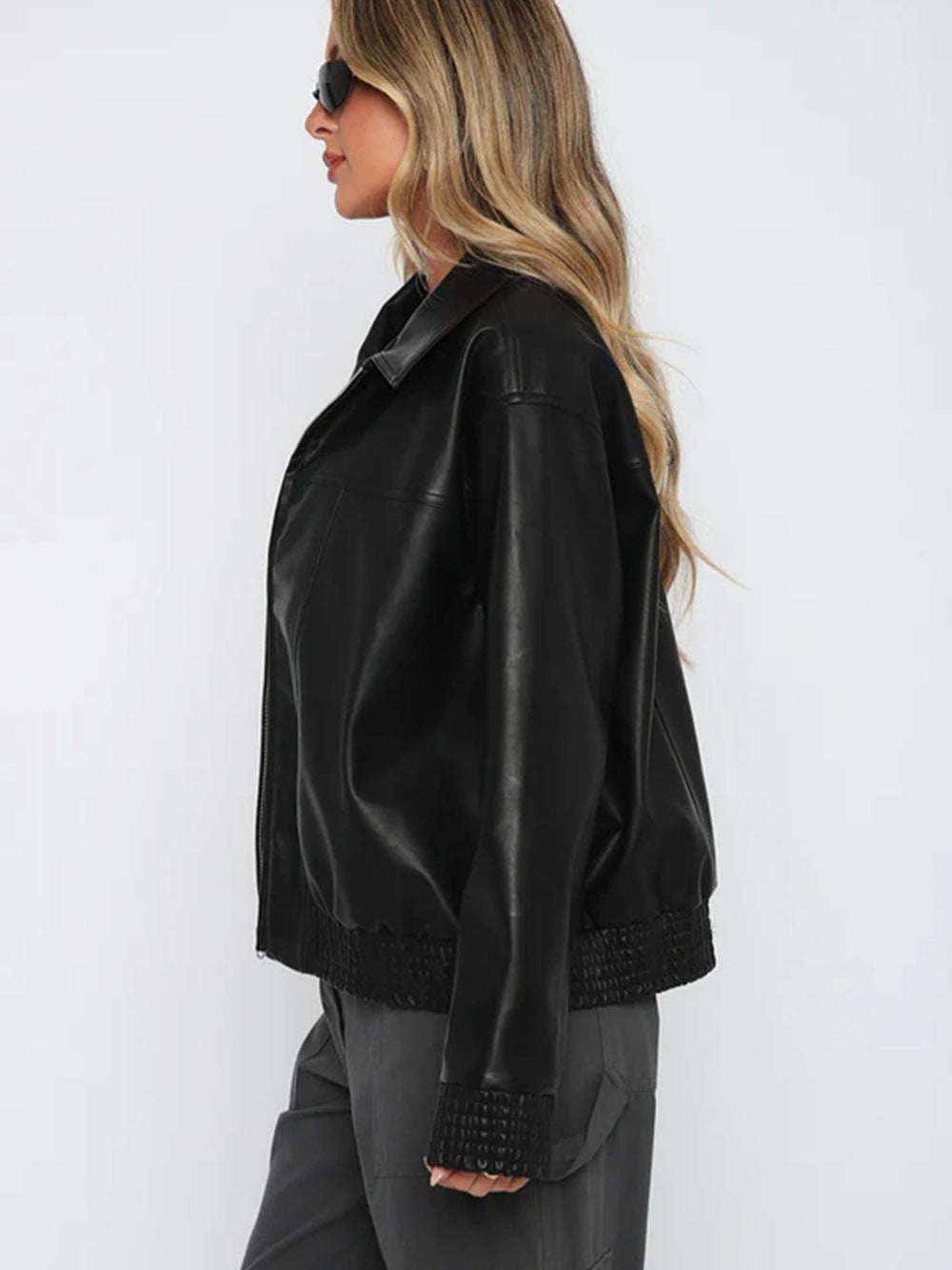 Oversized Faux Leather Jacket with Lapel and Quilted Trim