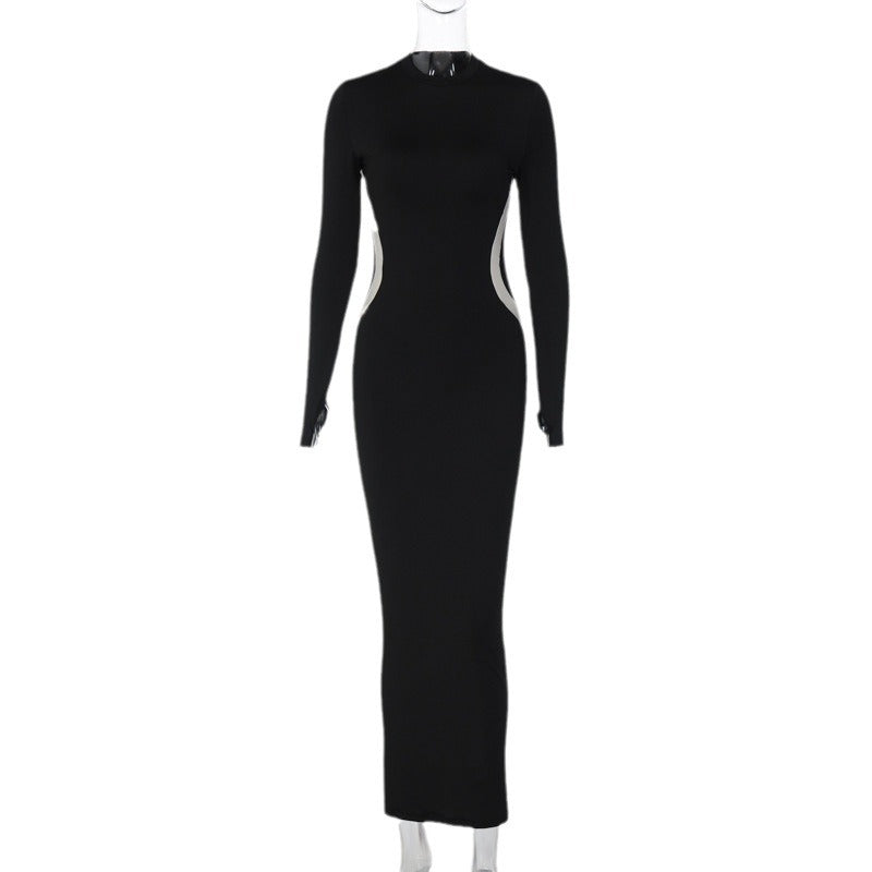 Bodycon Maxi Dress with Round Neck and Contrast Panels
