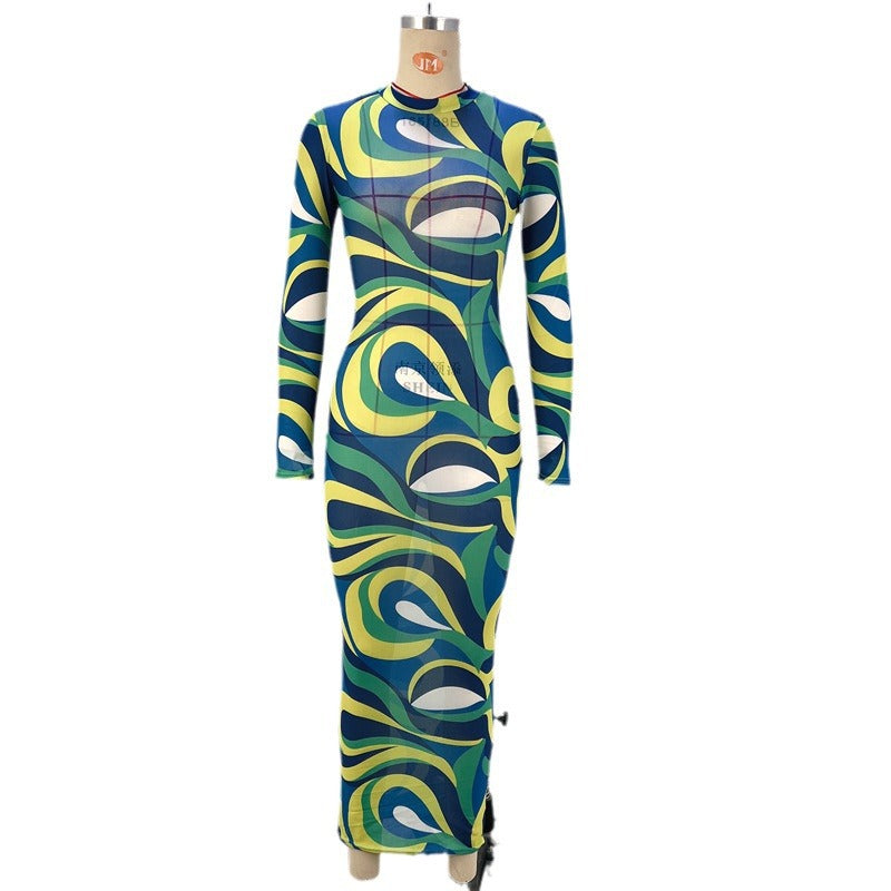 Abstract Swirl Mesh Bodycon Maxi Dress with Long Sleeves
