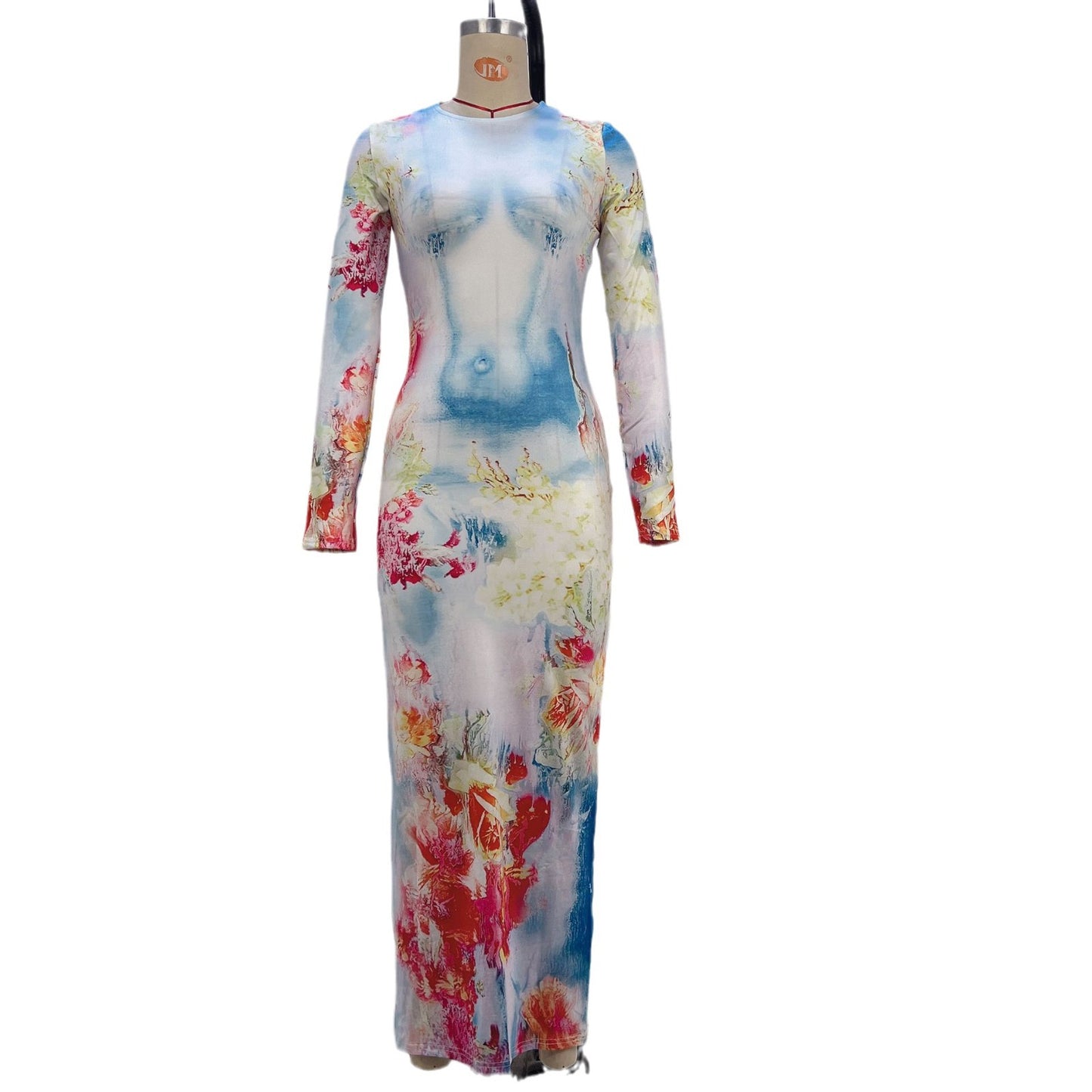 Bodycon Floral Maxi Dress with Long Sleeves