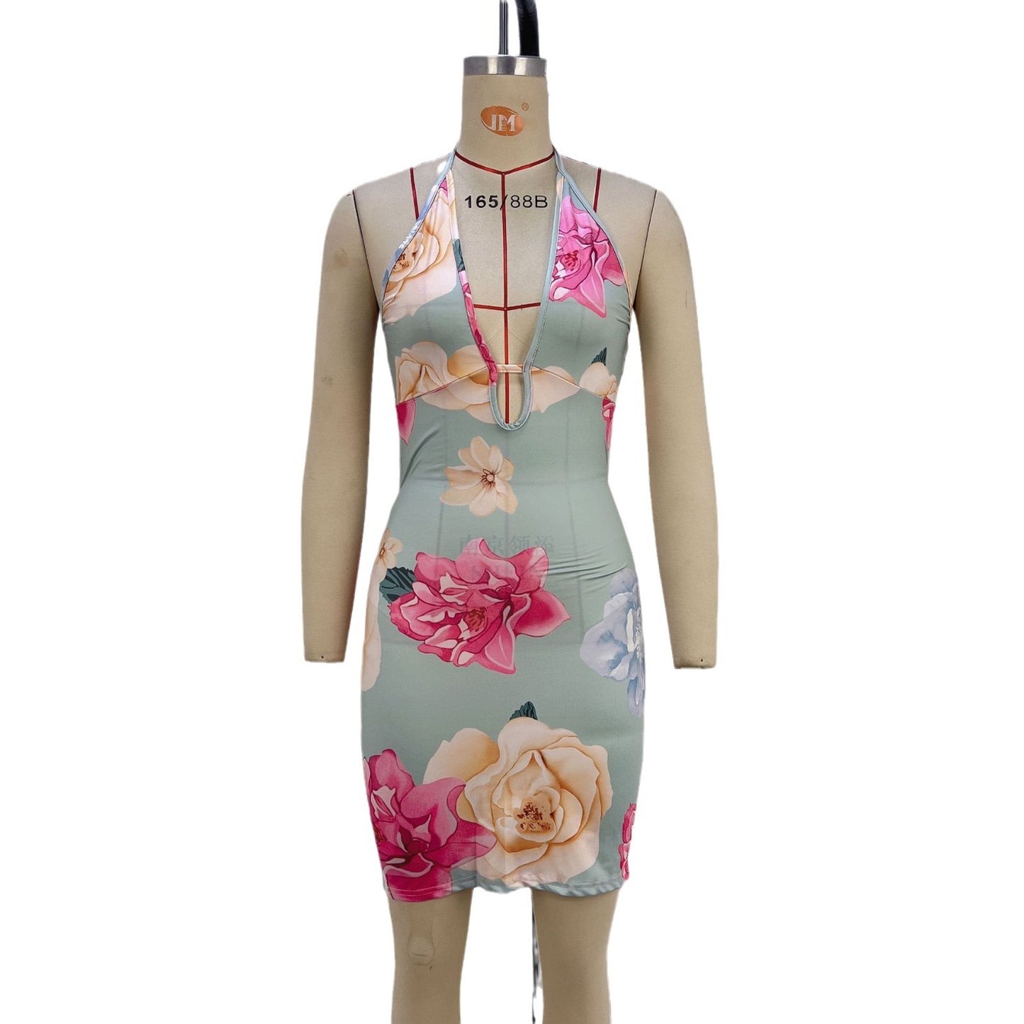 Floral Print Halter Bodycon Dress with Cut-out and Ruched Detail