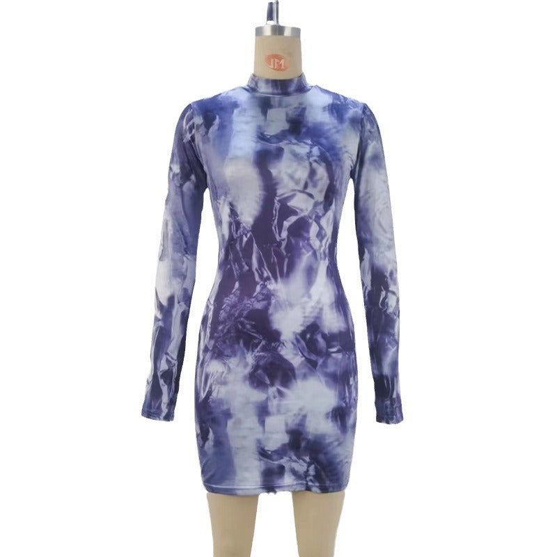 Abstract Print Bodycon Mini Dress with Crewneck and Long Sleeves