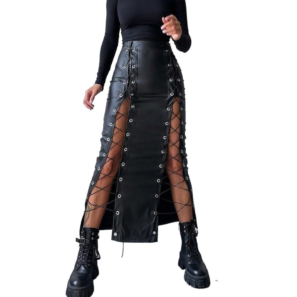 Bodycon PU Leather Midi Skirt with Lace-Up Slits
