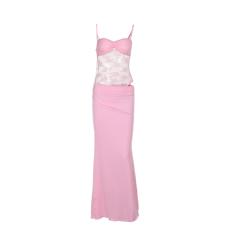 Bodycon Maxi Dress with Sheer Lace Bodice and Draped Hip
