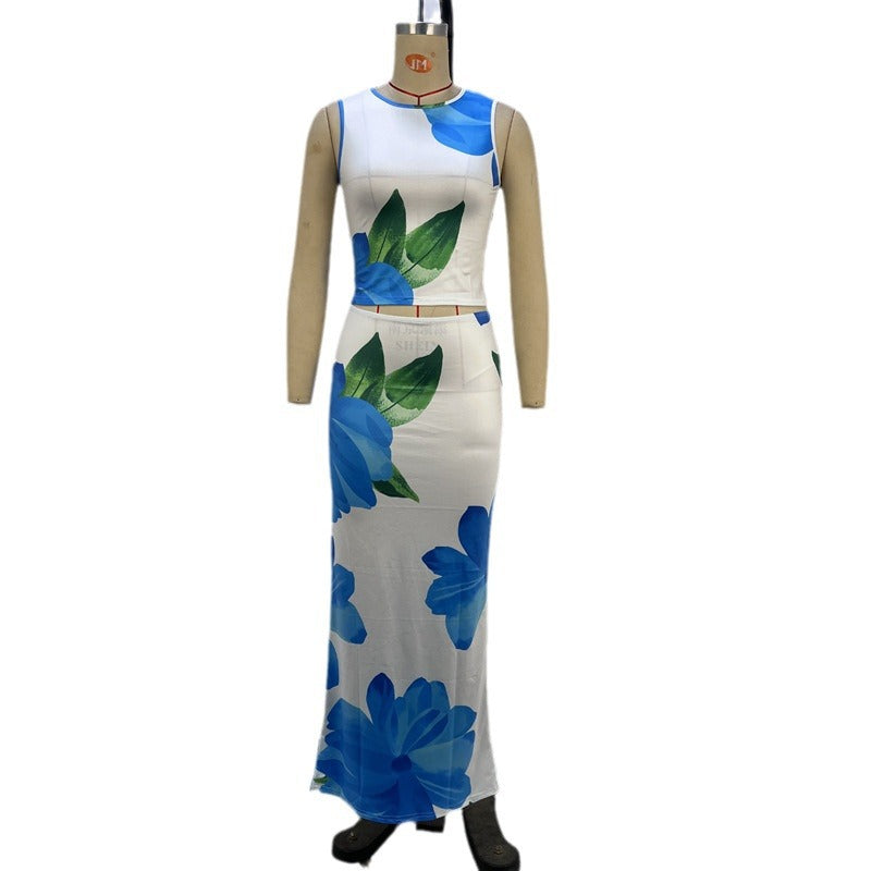 Floral Print Bodycon Maxi Set with Sleeveless Crop Top