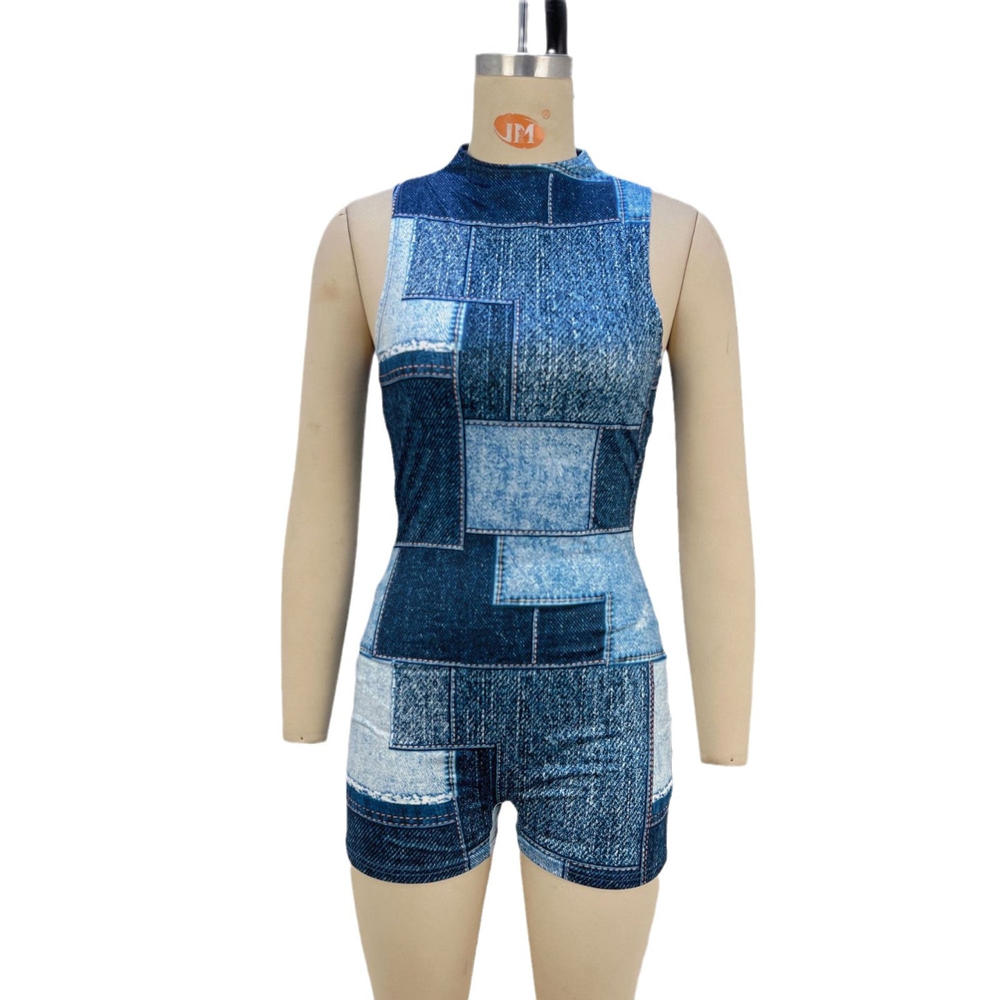 Denim Patchwork Print Bodycon Romper with Mock Neck