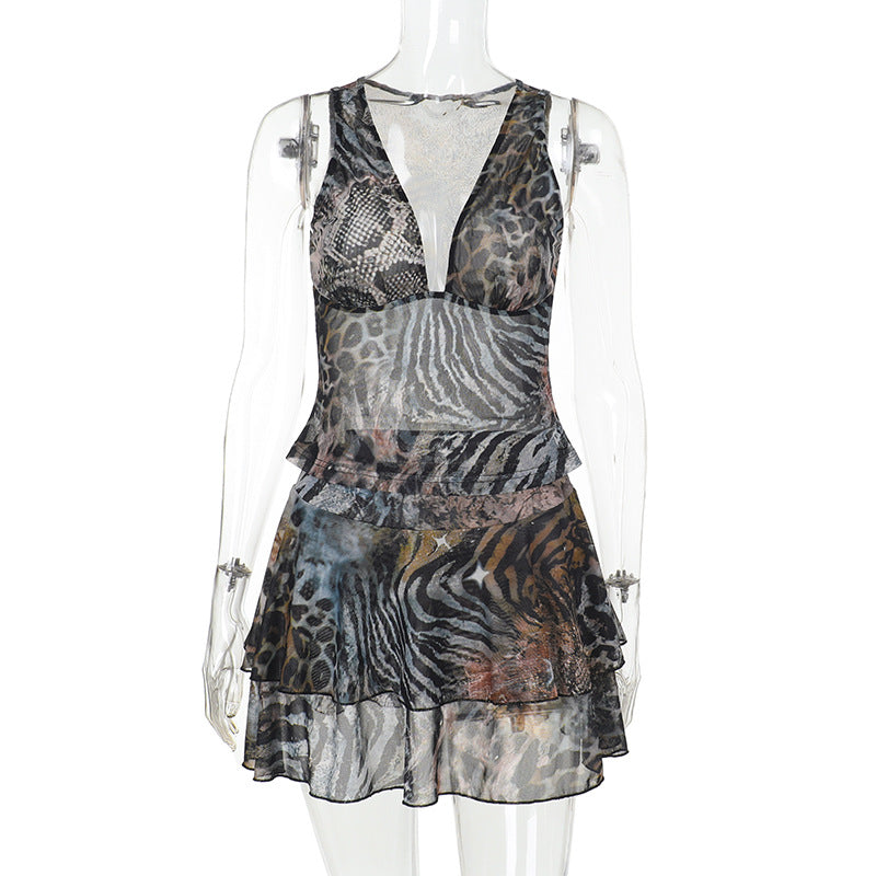 Mixed Animal Print Mini Dress with Deep V-Neck and Tiered Ruffles