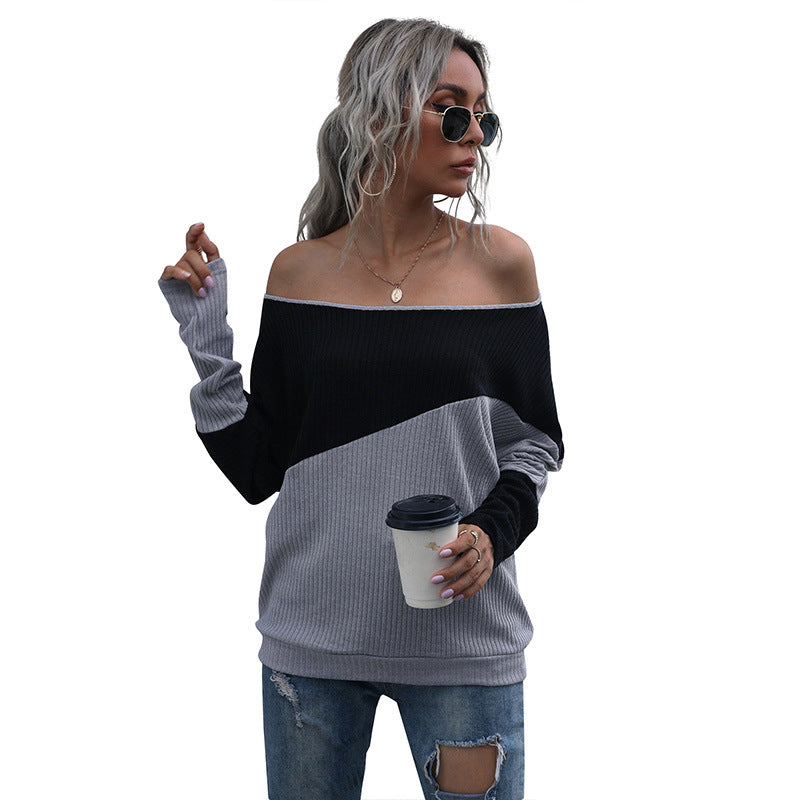 Loose Color-Blocked Knit Top with Off-Shoulder Neckline