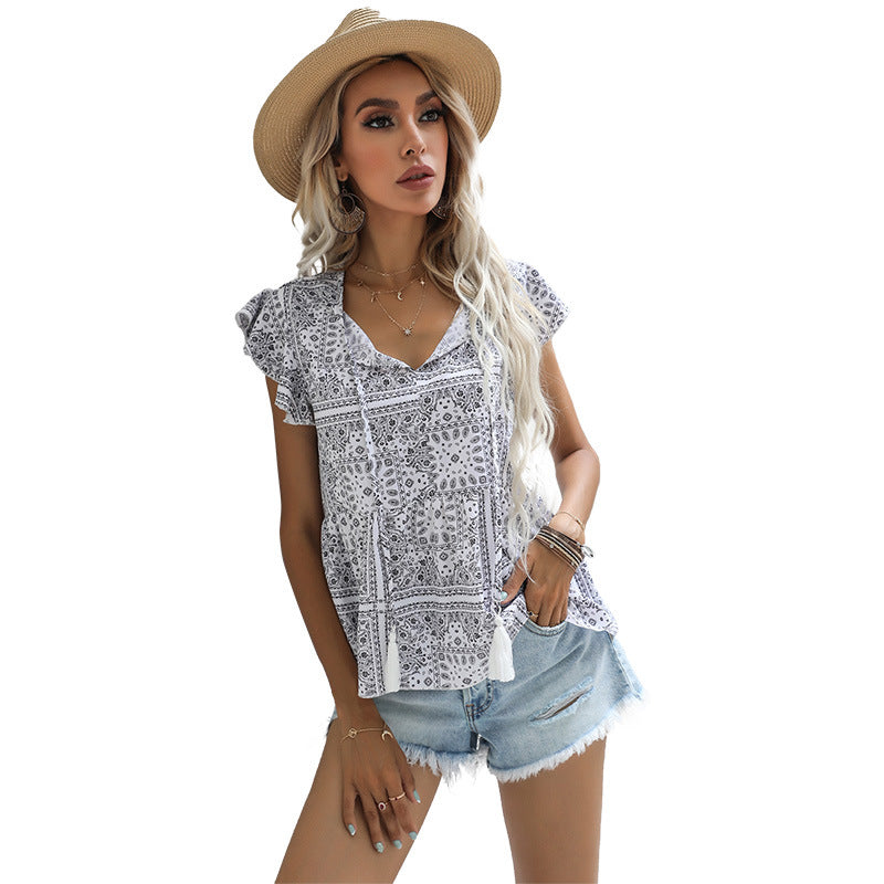 Bandana Print Peplum Top with V-Neck and Flutter Sleeves