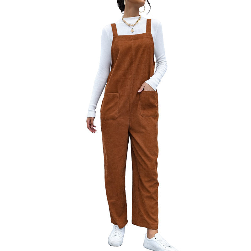 Loose Wide-Leg Corduroy Overalls with Patch Pockets
