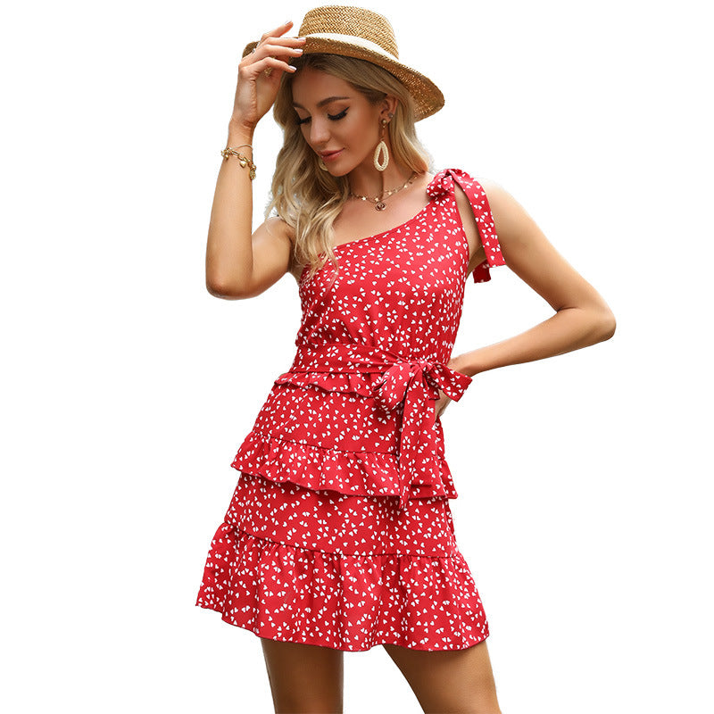 Heart Print One-Shoulder Mini Dress with Tiered Ruffles