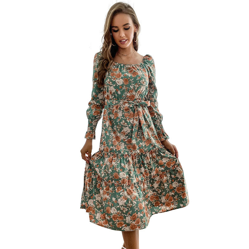 Floral Print Tiered Midi Dress with Square Neck and Tie Waist