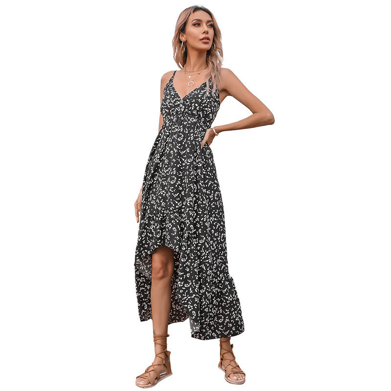 Printed High-Low Maxi Dress with V-Neck and Spaghetti Straps
