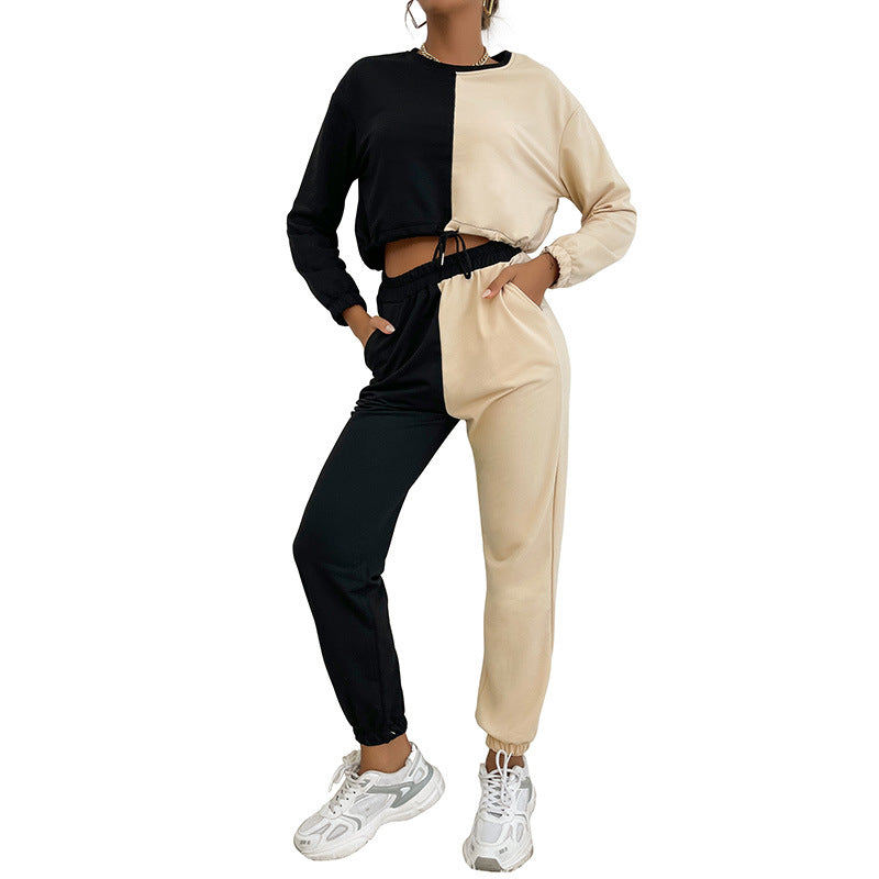 Color-Block Two-Piece Set with Cropped Sweatshirt and Joggers