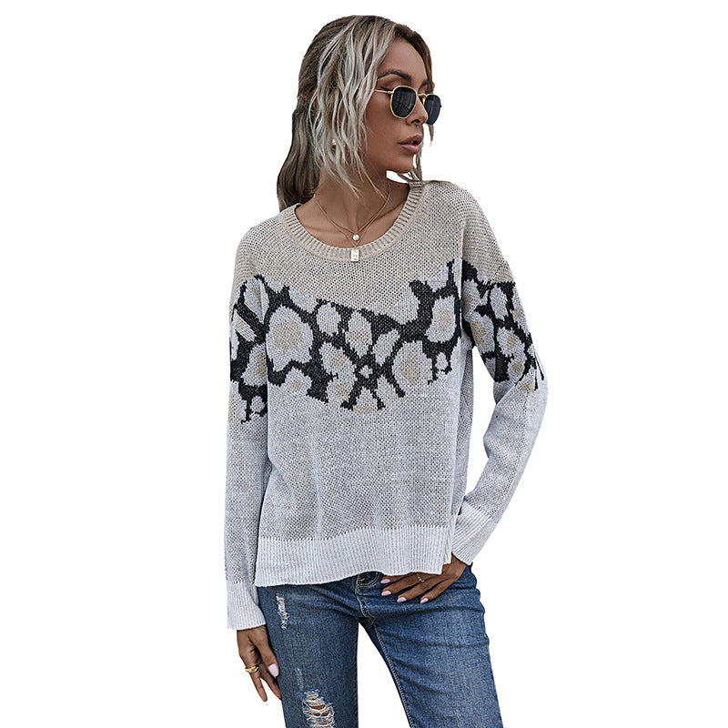 Oversized Zebra Pattern Crewneck Sweater with Side Slits