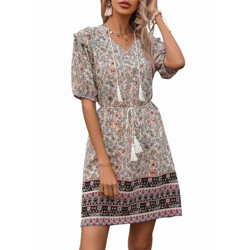 Floral A-Line Mini Dress with Puff Sleeves and Tassel Tie