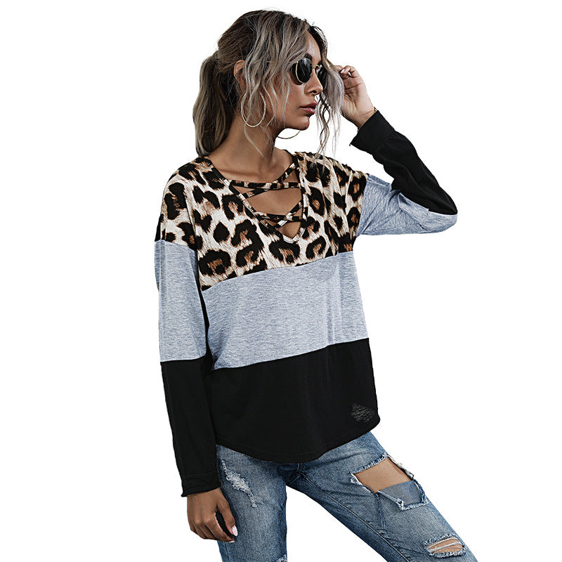 Leopard Print Color-Block Top with Criss-Cross Neckline