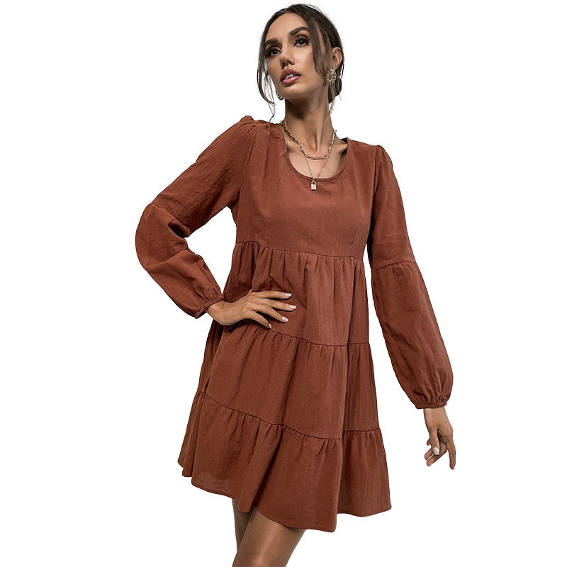 Tiered A-Line Mini Dress with Long Sleeves and Crewneck