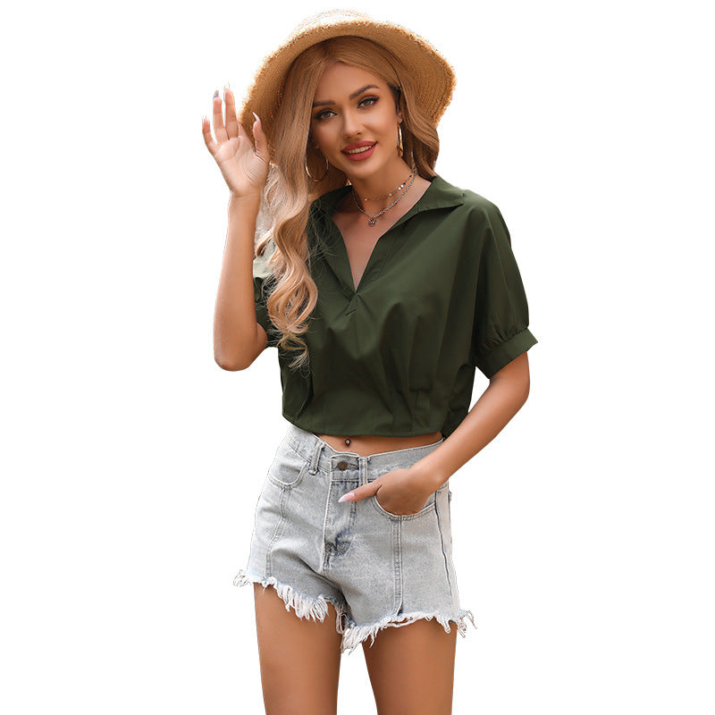 Cropped Short-Sleeved Shirt with Lapel and Elastic Hem
