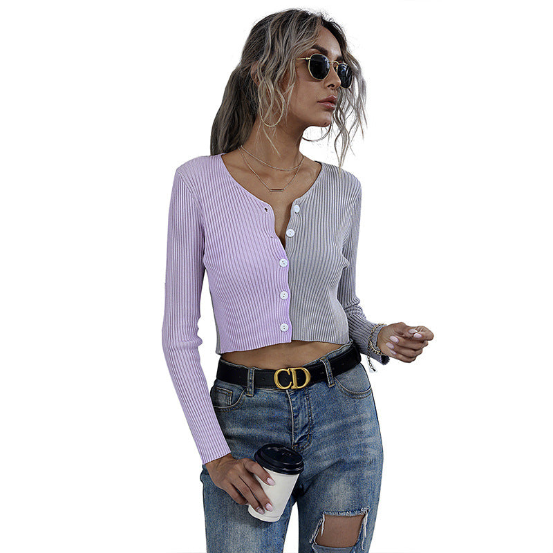 Color-Block Ribbed Cropped Cardigan with V-Neck