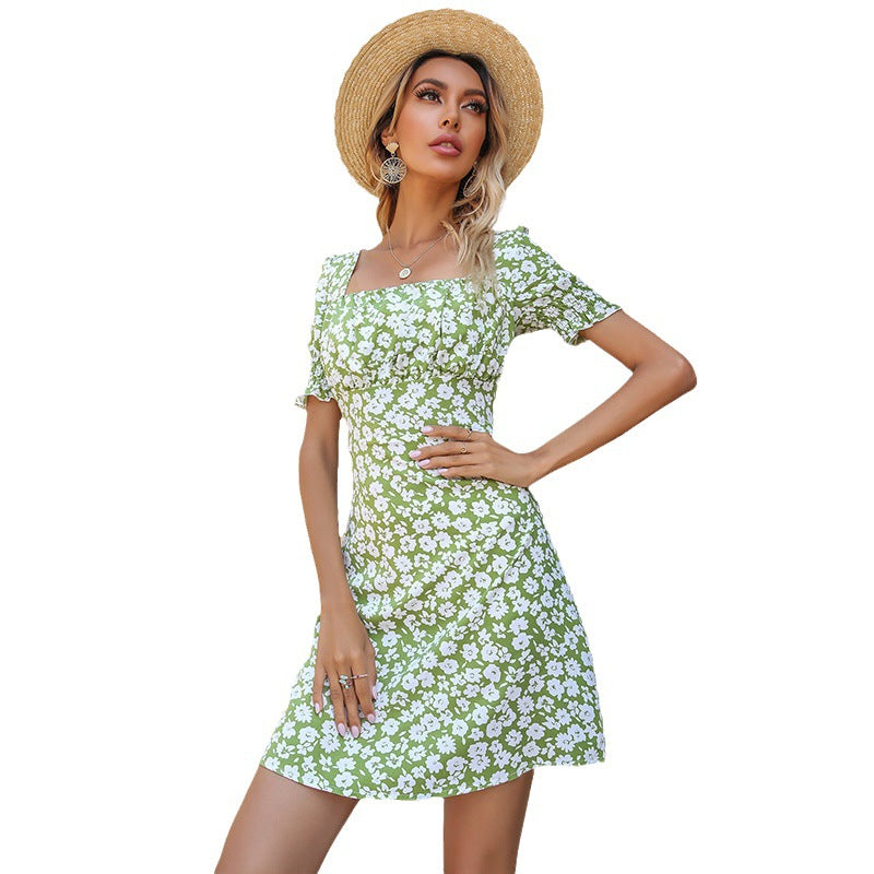 Floral A-Line Mini Dress with Square Neck and Puff Sleeves