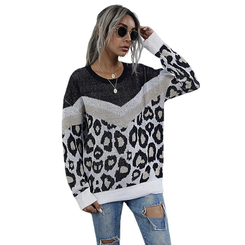 Leopard Print Crewneck Sweater with Chevron Color-Block Detail