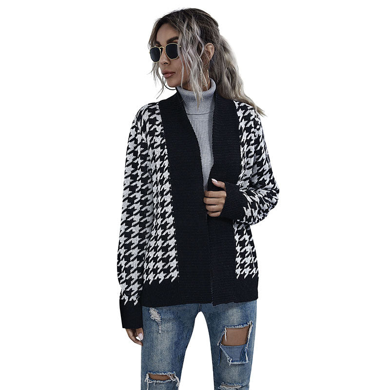 Houndstooth Knit Cardigan with Tie-Waist and V-Neck