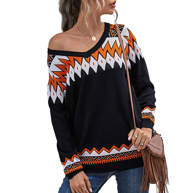 Geometric Color-Blocked Knit Pullover with V-Neck