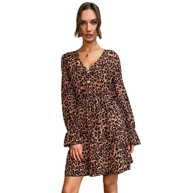 Leopard Print A-Line Mini Dress with V-Neck and Button Detail