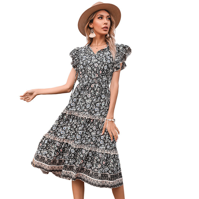 Floral A-Line Midi Dress with Ruffled Sleeves and Tiered Skirt