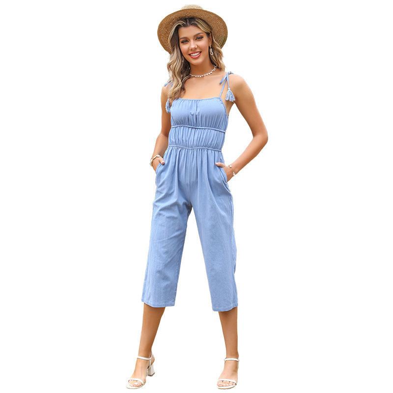Straight-Leg Capri Jumpsuit with Tassel Tie Straps