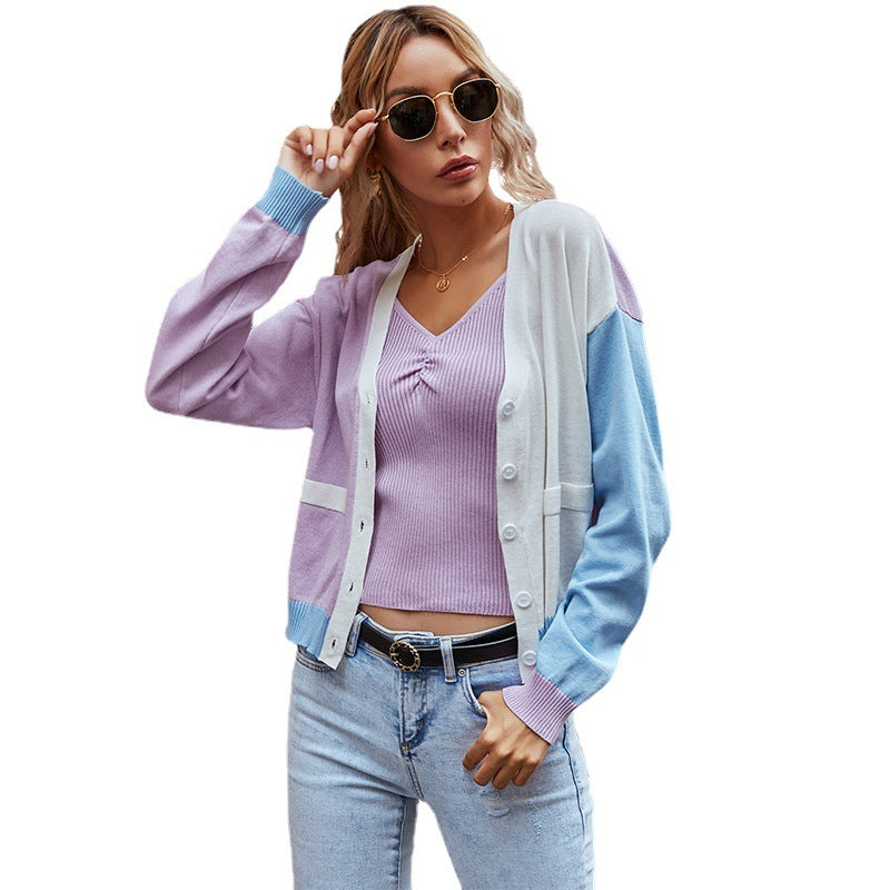 Color-Blocked Knit Cardigan with V-Neck and Button Front